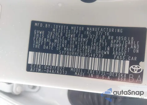 2016 Toyota Corolla S Plus из США, поврежденный, VIN 5YFBURHE9GP548287